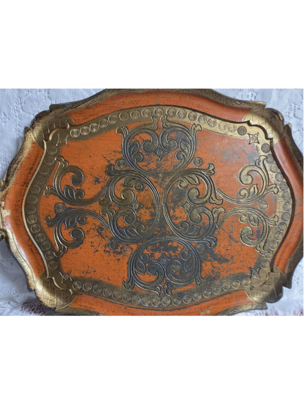 Vintage Italian Florentine Tray – Large Orange & Gold Baroque Serving Tray - Picture 2 of 9